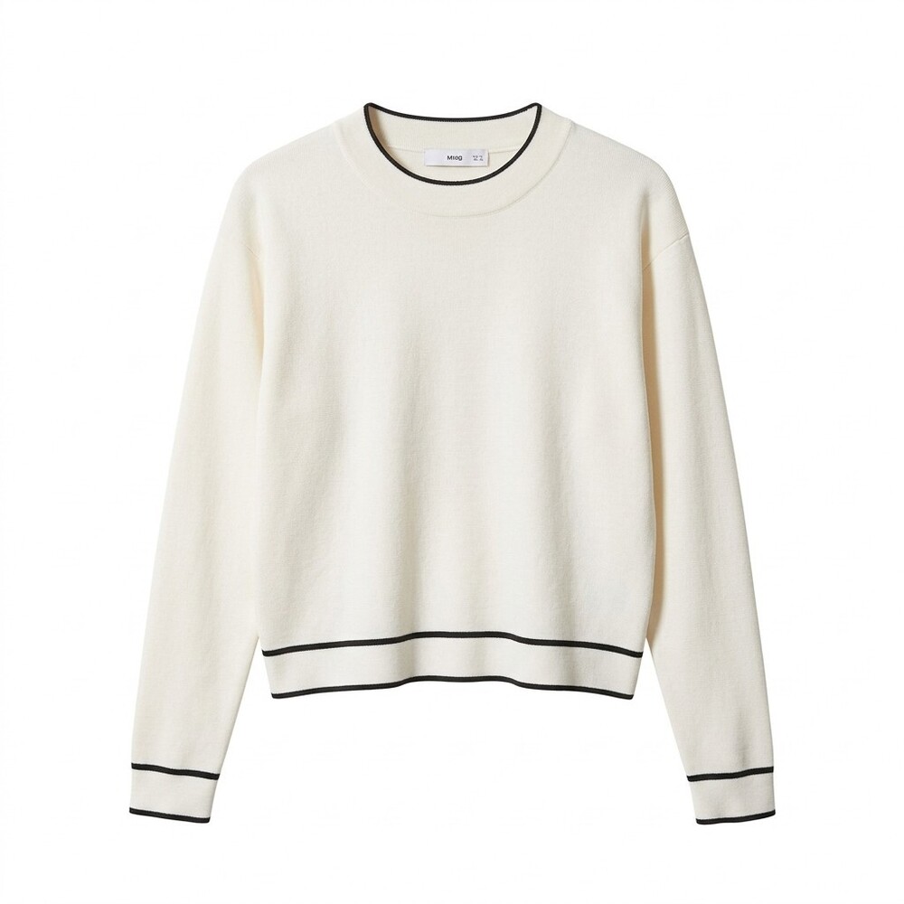 Mango Cream Knit Sweater Black Contrast Trim Hem Cuffs Round Neck Pullover Sz S